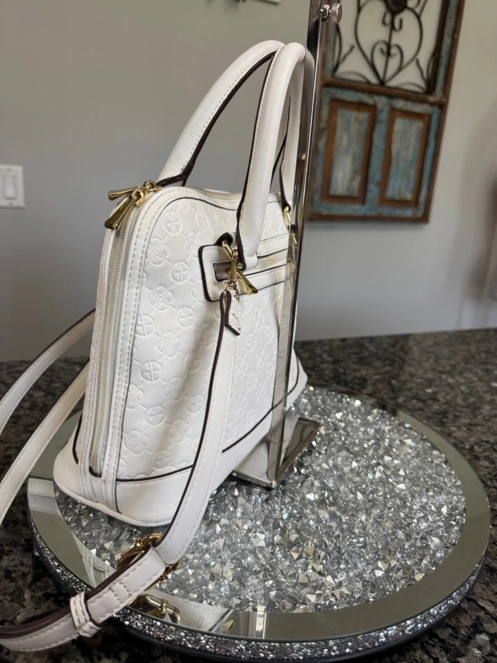 Giani Bernini White Embossed Dome Satchel with Gold Hardware